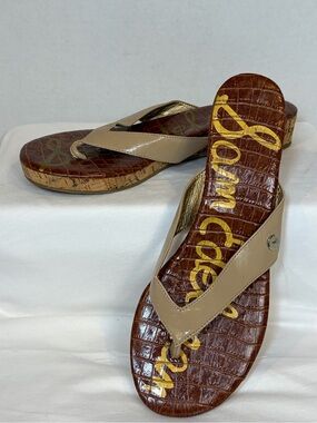 Sam Edelman Womens 10M Faux Patent Tanya Cork Sandals Beige Tan Casual Summer
